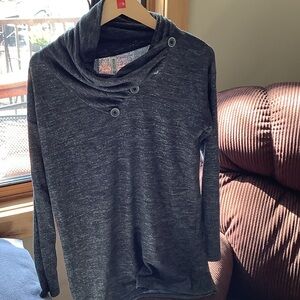 Heather Charcoal Button-Accent Cowl Neck Long Sleeve Top